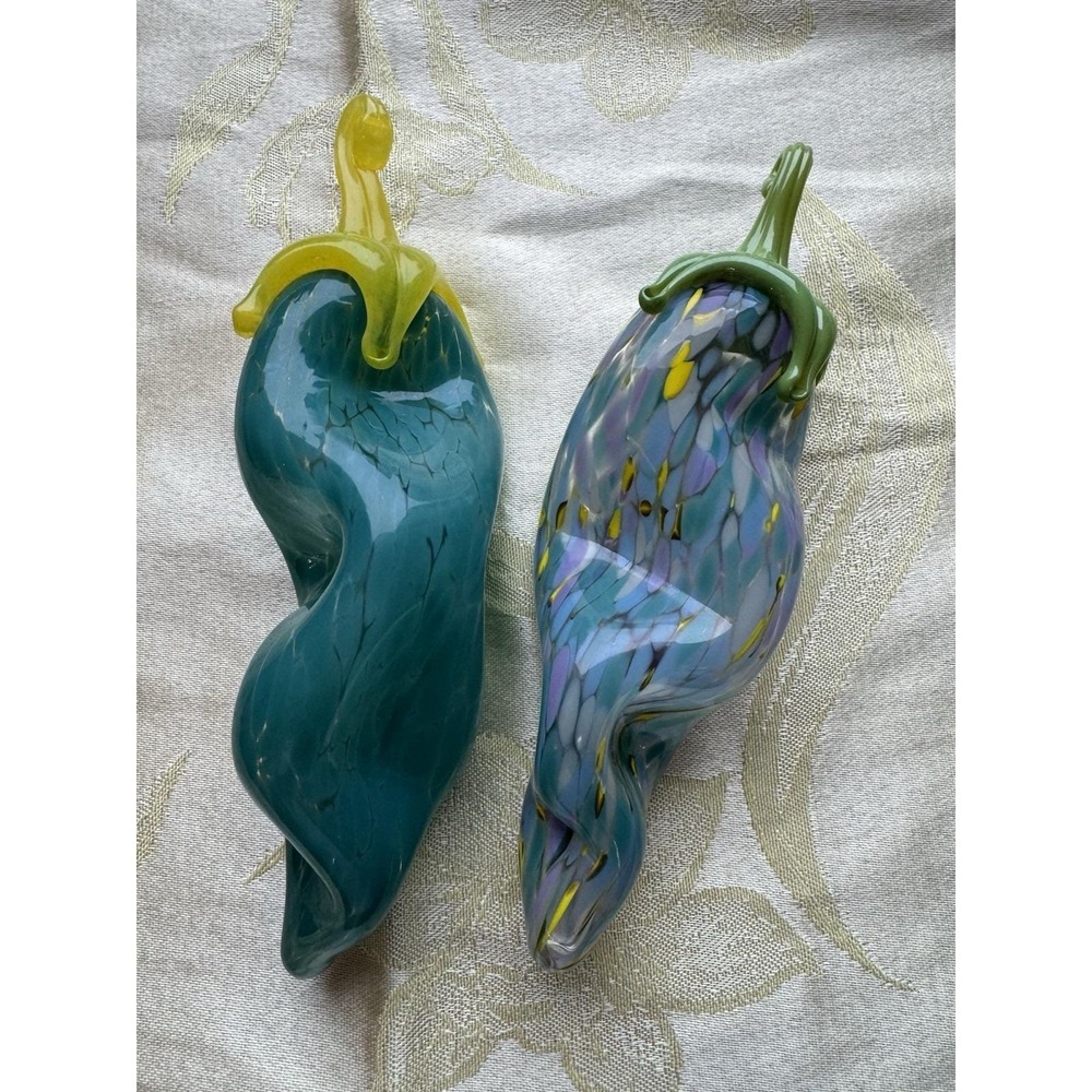 Art Glass Handblown Murano Style Blue Yellow Green Peppers Curled Stem Vegetable